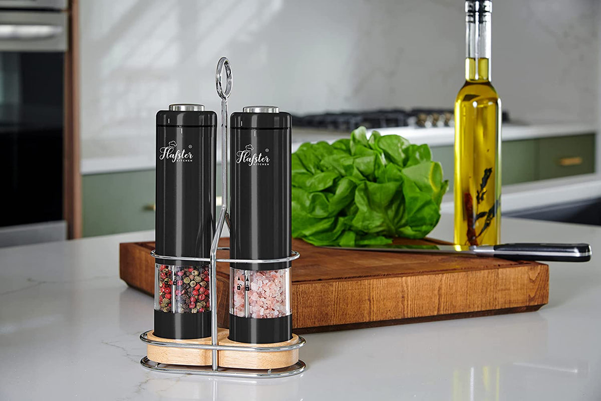 Black Electric Salt and Pepper Grinder Set with Metal and Wood