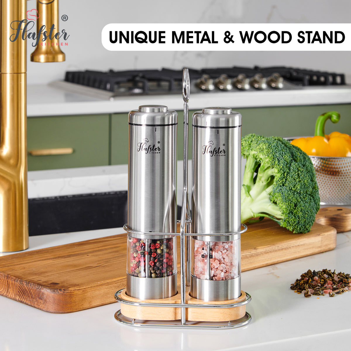 Electric Salt and Pepper Grinder Set with metal and wood stand