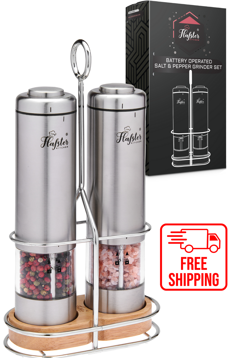 Electric Salt and Pepper Grinder Set with metal and wood stand