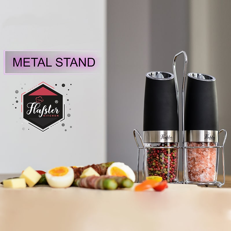 Gravity Electric Salt and Pepper Grinders With Metal Stand Flafster Kitchen