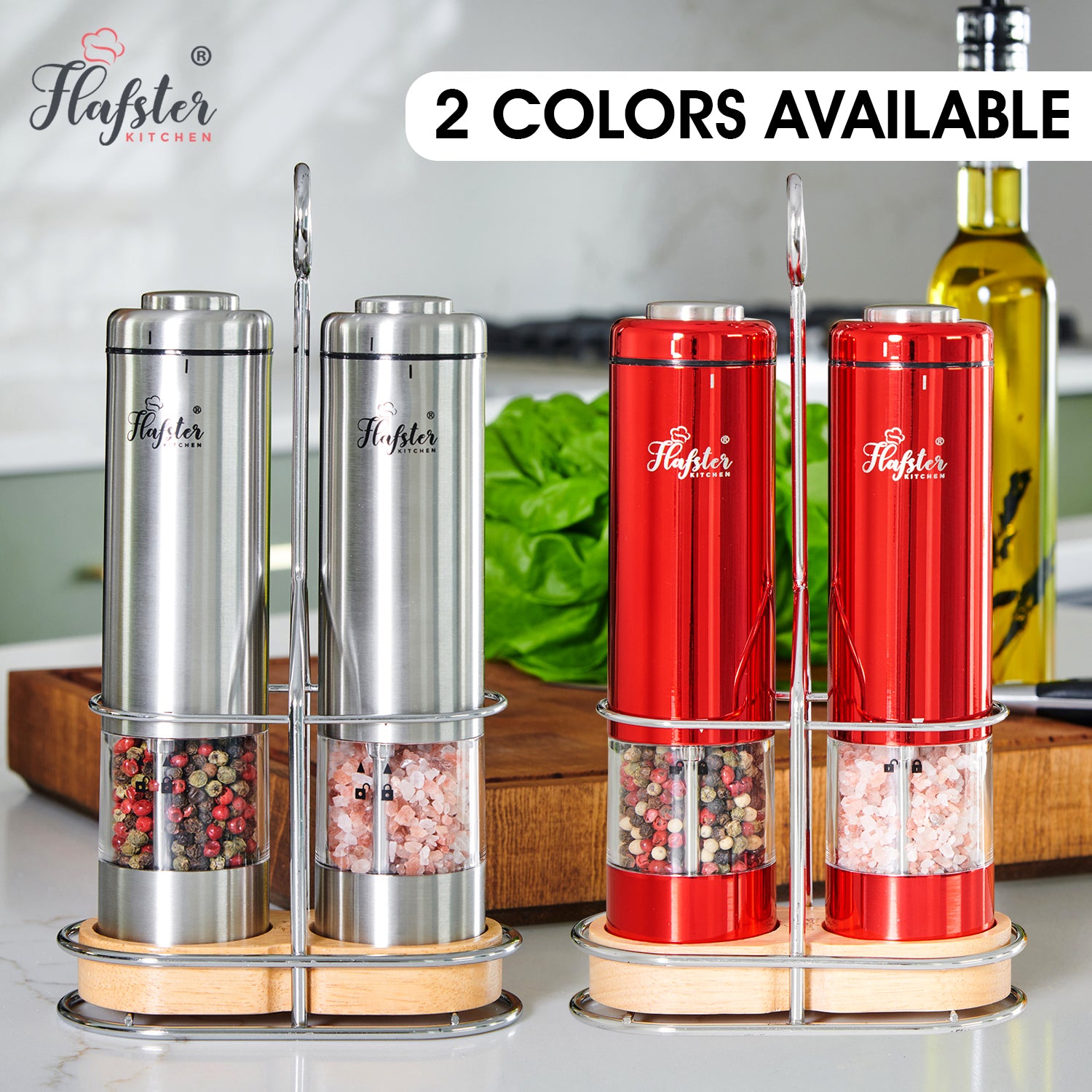 Flafster Kitchen Battery Operated Salt and Pepper Grinder Set - Electric Stainless Steel