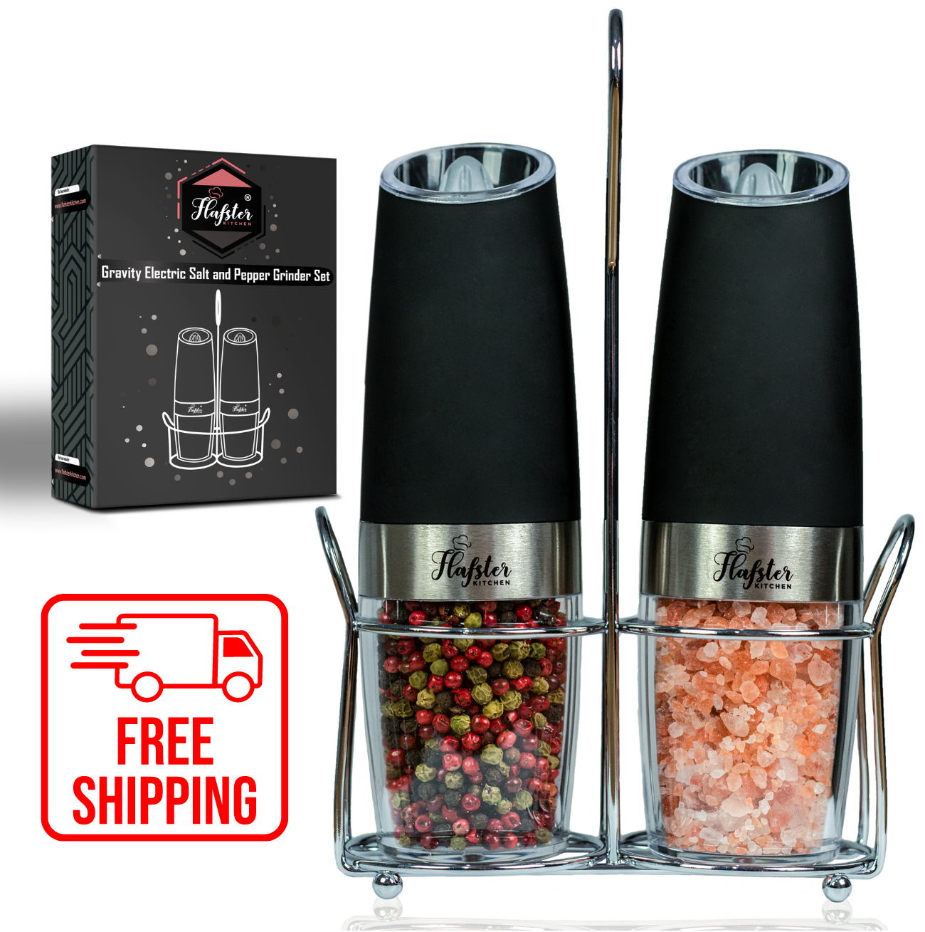 Electric Gravity Salt And Pepper Grinder Mill Set Stand Spice Jar